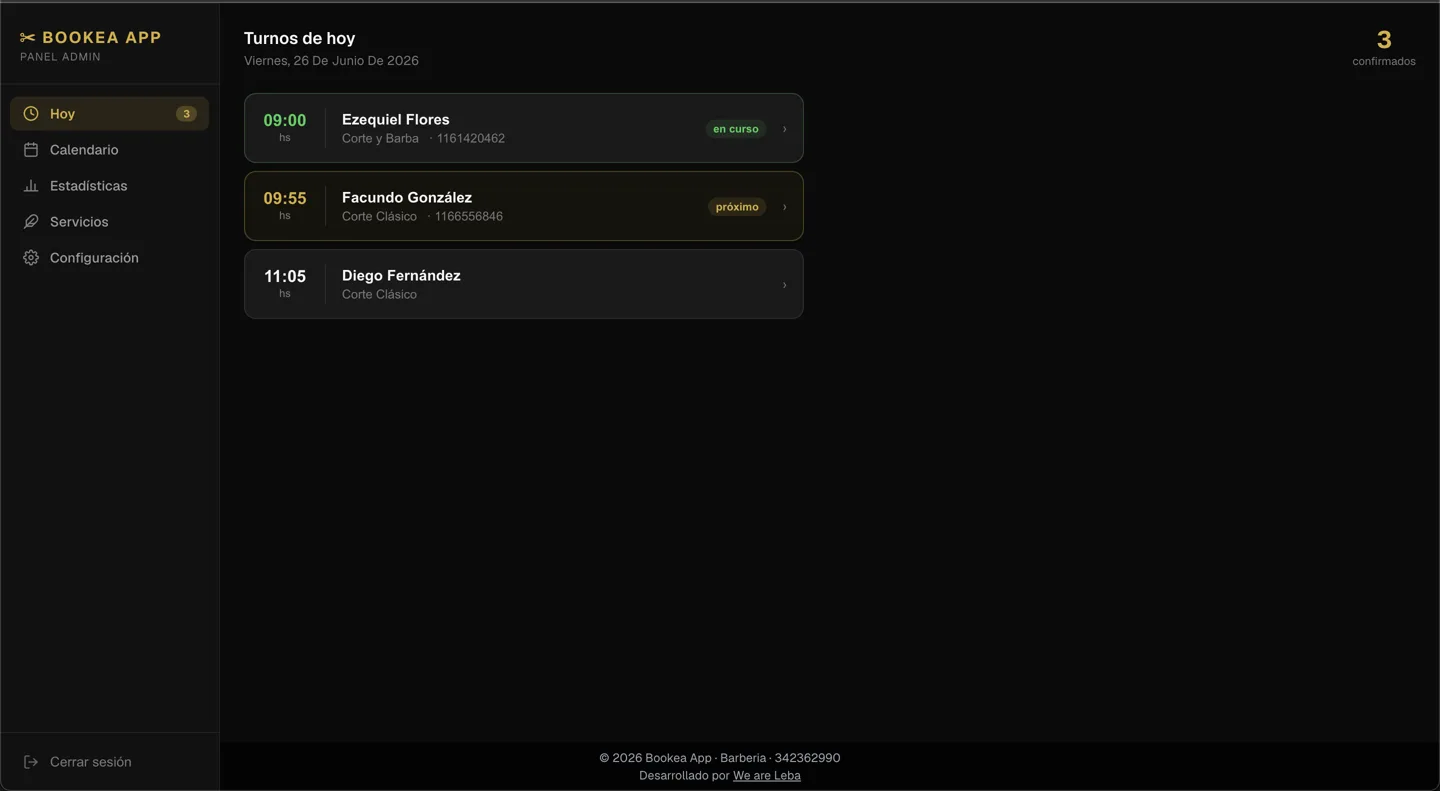 Bookea dashboard view: Today's appointments