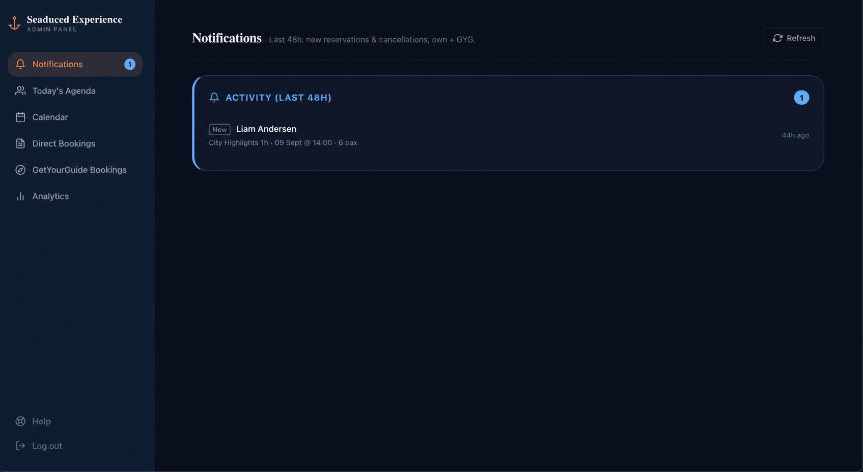Seaduced Experience dashboard view: Notifications